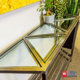 5-Tri Console Table - Glass Detail View | Boltz Steel Furniture - Welded Metal Tables Made in USA